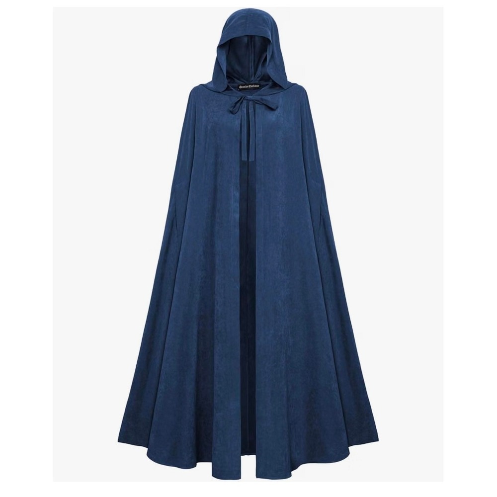 Scarlet Darkness Medieval Hobbit Cloak Hooded Dusty Blue Satin Flocked Cape NWT